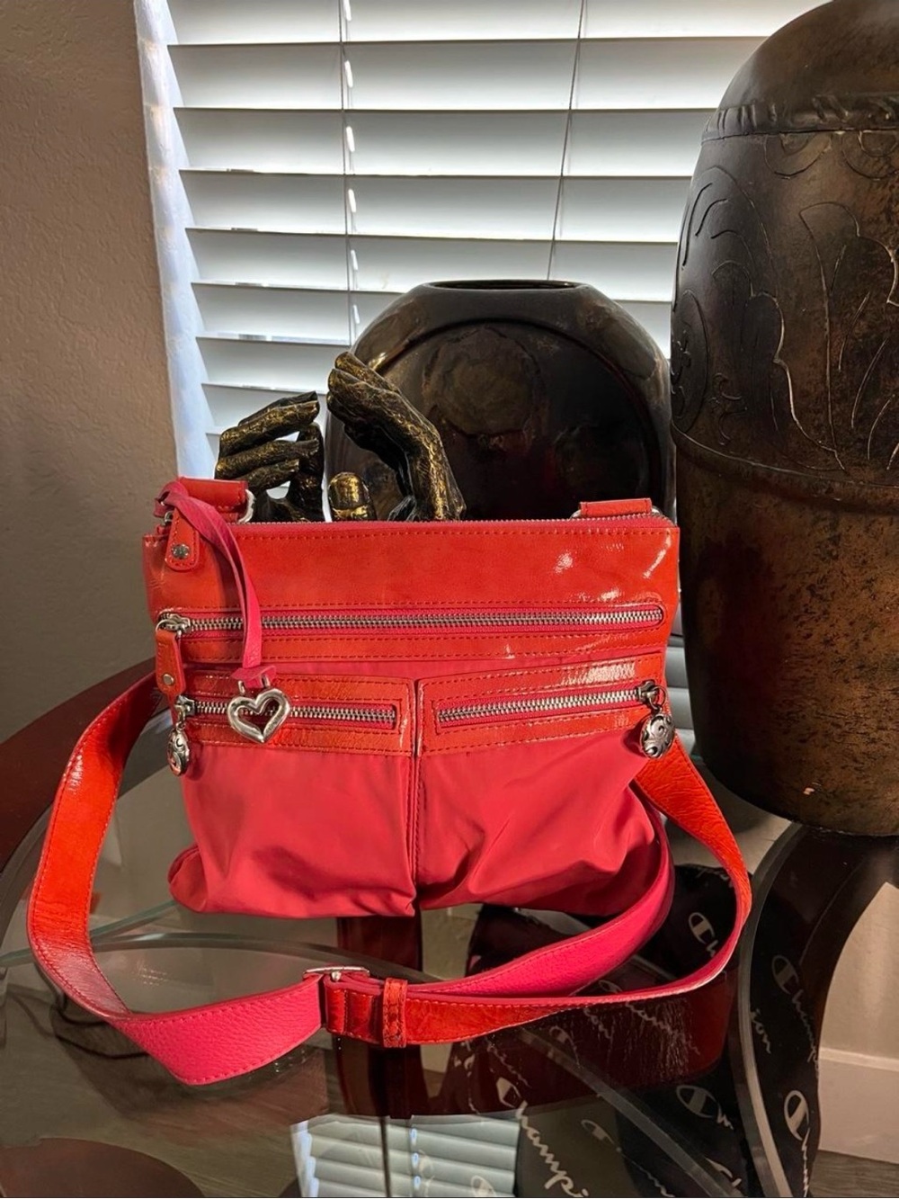 Brighton Red-Pink Patent Crossbody with Heart Charm
